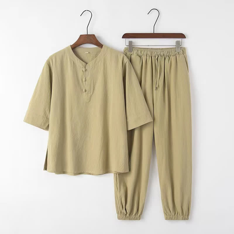 Buddha Stones 2Pcs Spring Summer Tang Style Mandarin Collar Elbow-Length Sleeve Solid Shirt Pants Cotton Men's Meditation Cloth With Pockets - image 19