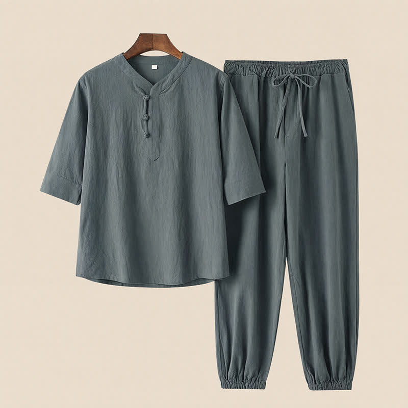 Buddha Stones 2Pcs Spring Summer Tang Style Mandarin Collar Elbow-Length Sleeve Solid Shirt Pants Cotton Men's Meditation Cloth With Pockets - image 3