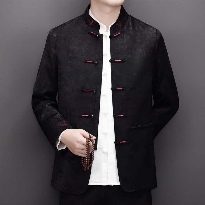 Buddha Stones 2Pcs Fall Winter Tang Style Elegant Frog Button Mandarin Collar Abstract Jacket Pants Men's Meditation Cloth With Pocket - image 14