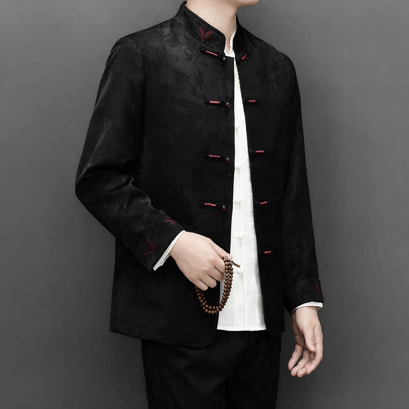 Buddha Stones 2Pcs Fall Winter Tang Style Elegant Frog Button Mandarin Collar Abstract Jacket Pants Men's Meditation Cloth With Pocket - image 15