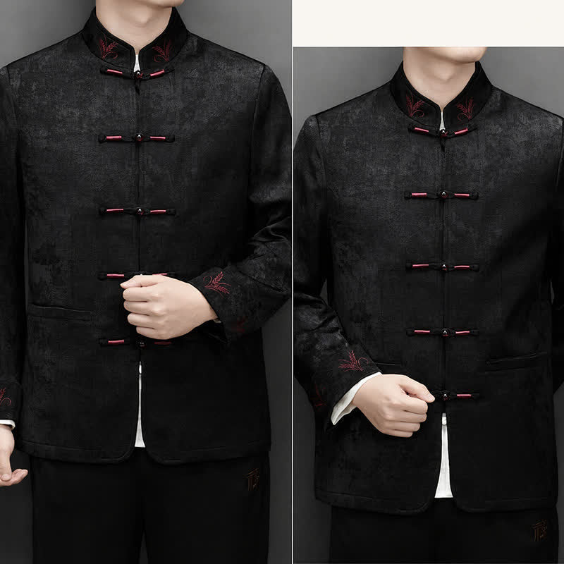 Buddha Stones 2Pcs Fall Winter Tang Style Elegant Frog Button Mandarin Collar Abstract Jacket Pants Men's Meditation Cloth With Pocket - image 21