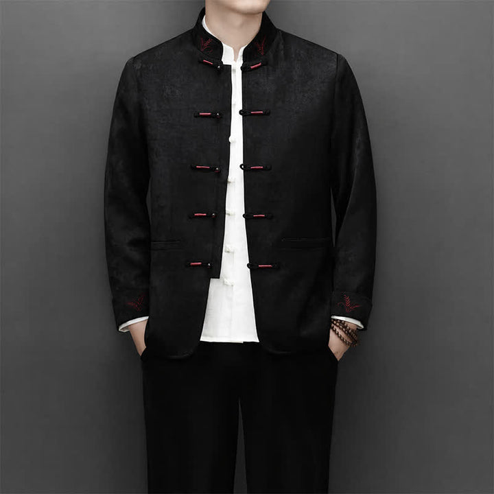 Buddha Stones 2Pcs Fall Winter Tang Style Elegant Frog Button Mandarin Collar Abstract Jacket Pants Men's Meditation Cloth With Pocket - image 18