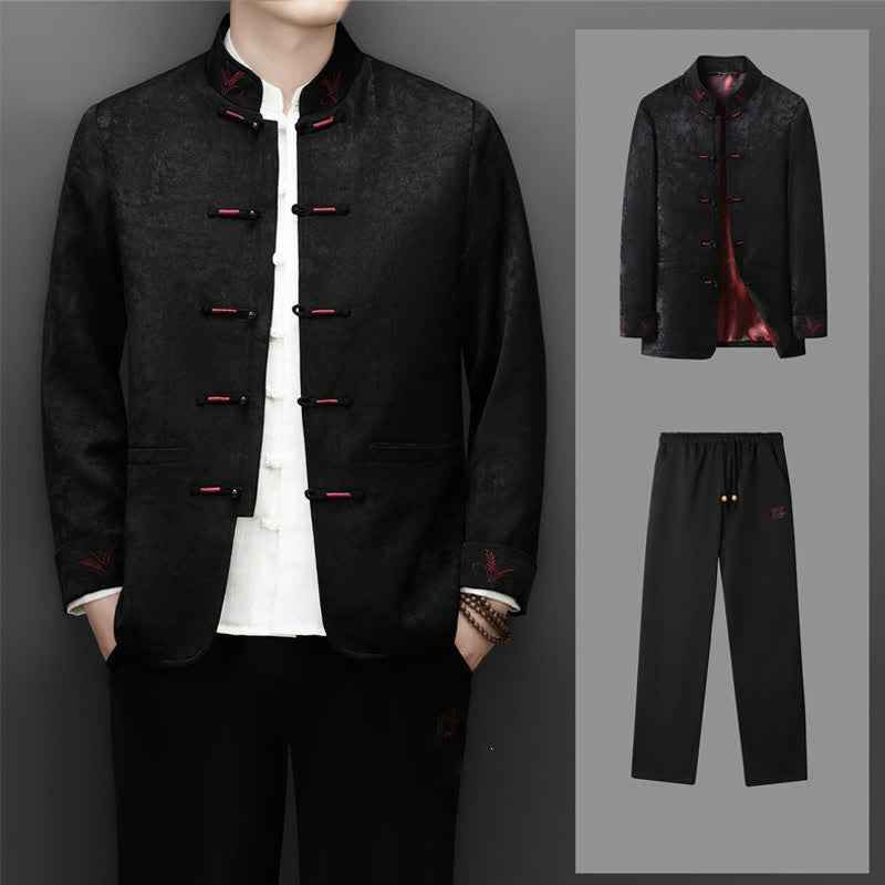Buddha Stones 2Pcs Fall Winter Tang Style Elegant Frog Button Mandarin Collar Abstract Jacket Pants Men's Meditation Cloth With Pocket - Black - US/UK/AU44，EU54 (4XL) - image 12