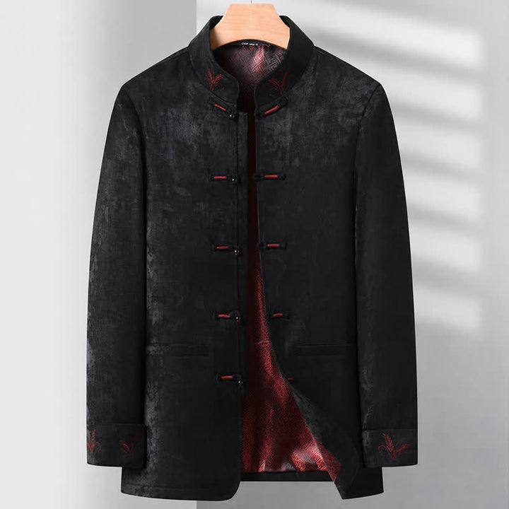 Buddha Stones 2Pcs Fall Winter Tang Style Elegant Frog Button Mandarin Collar Abstract Jacket Pants Men's Meditation Cloth With Pocket - image 23