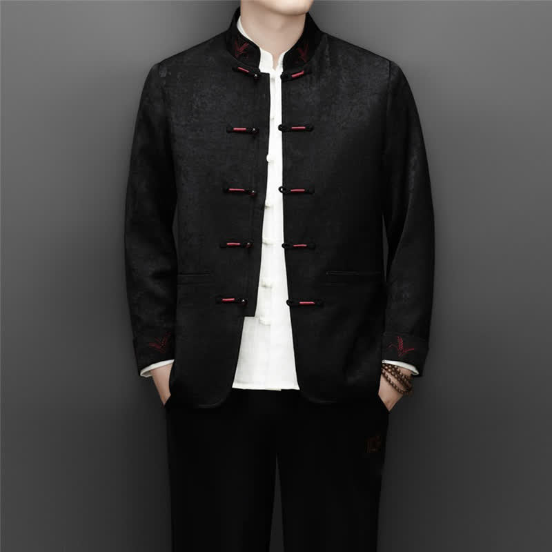 Buddha Stones 2Pcs Fall Winter Tang Style Elegant Frog Button Mandarin Collar Abstract Jacket Pants Men's Meditation Cloth With Pocket - image 20