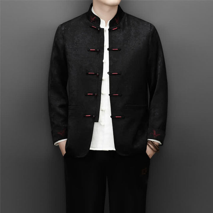 Buddha Stones 2Pcs Fall Winter Tang Style Elegant Frog Button Mandarin Collar Abstract Jacket Pants Men's Meditation Cloth With Pocket - image 20
