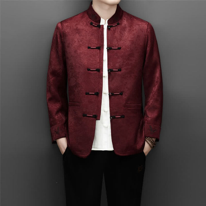 Buddha Stones 2Pcs Fall Winter Tang Style Elegant Frog Button Mandarin Collar Abstract Jacket Pants Men's Meditation Cloth With Pocket - image 2
