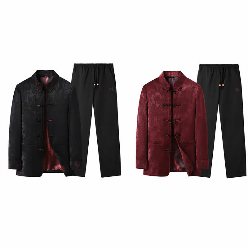 Buddha Stones 2Pcs Fall Winter Tang Style Elegant Frog Button Mandarin Collar Abstract Jacket Pants Men's Meditation Cloth With Pocket - image 31