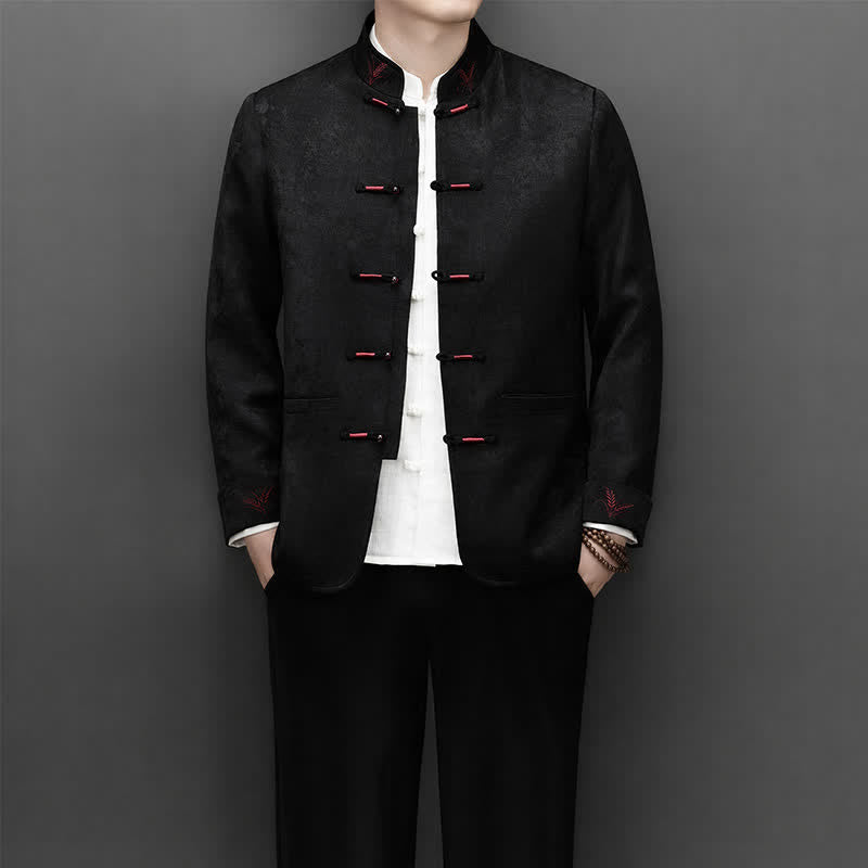 Buddha Stones 2Pcs Fall Winter Tang Style Elegant Frog Button Mandarin Collar Abstract Jacket Pants Men's Meditation Cloth With Pocket - image 19