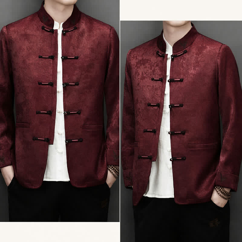 Buddha Stones 2Pcs Fall Winter Tang Style Elegant Frog Button Mandarin Collar Abstract Jacket Pants Men's Meditation Cloth With Pocket - image 8