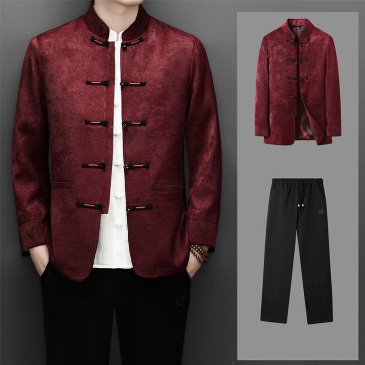 Buddha Stones 2Pcs Fall Winter Tang Style Elegant Frog Button Mandarin Collar Abstract Jacket Pants Men's Meditation Cloth With Pocket - image 1