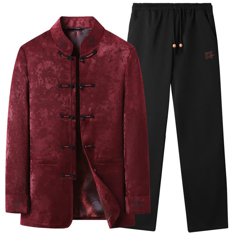 Buddha Stones 2Pcs Fall Winter Tang Style Elegant Frog Button Mandarin Collar Abstract Jacket Pants Men's Meditation Cloth With Pocket - FireBrick - US/UK/AU44，EU54 (4XL) - image 0