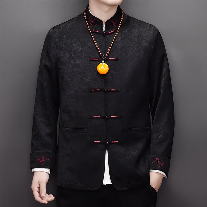 Buddha Stones 2Pcs Fall Winter Tang Style Elegant Frog Button Mandarin Collar Abstract Jacket Pants Men's Meditation Cloth With Pocket - image 17