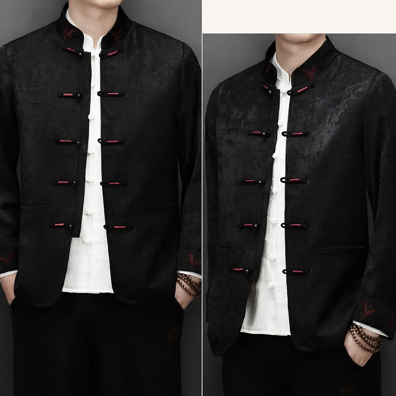 Buddha Stones 2Pcs Fall Winter Tang Style Elegant Frog Button Mandarin Collar Abstract Jacket Pants Men's Meditation Cloth With Pocket - image 22