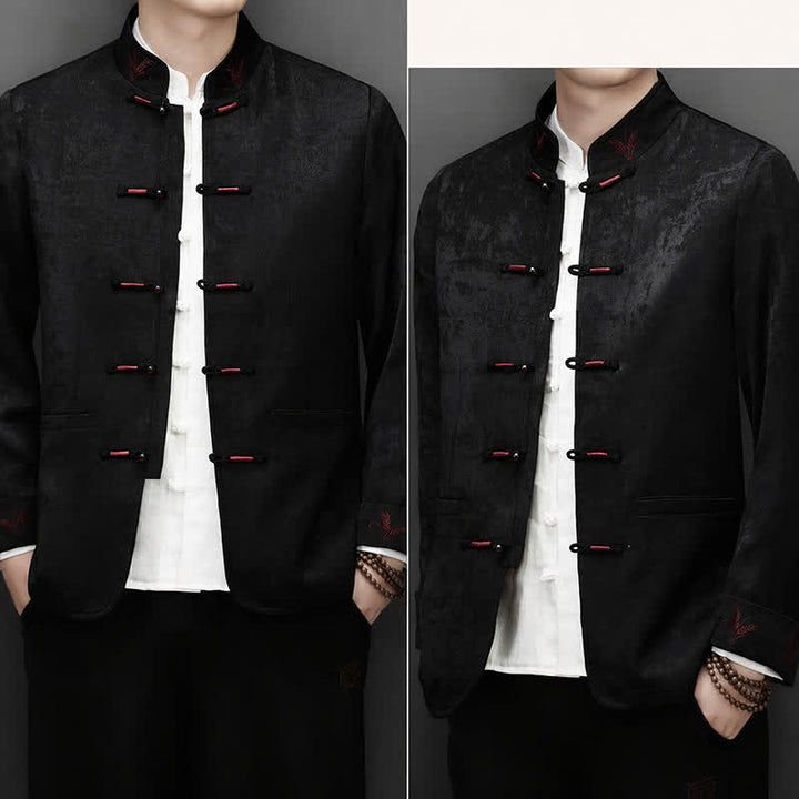 Buddha Stones 2Pcs Fall Winter Tang Style Elegant Frog Button Mandarin Collar Abstract Jacket Pants Men's Meditation Cloth With Pocket - image 22