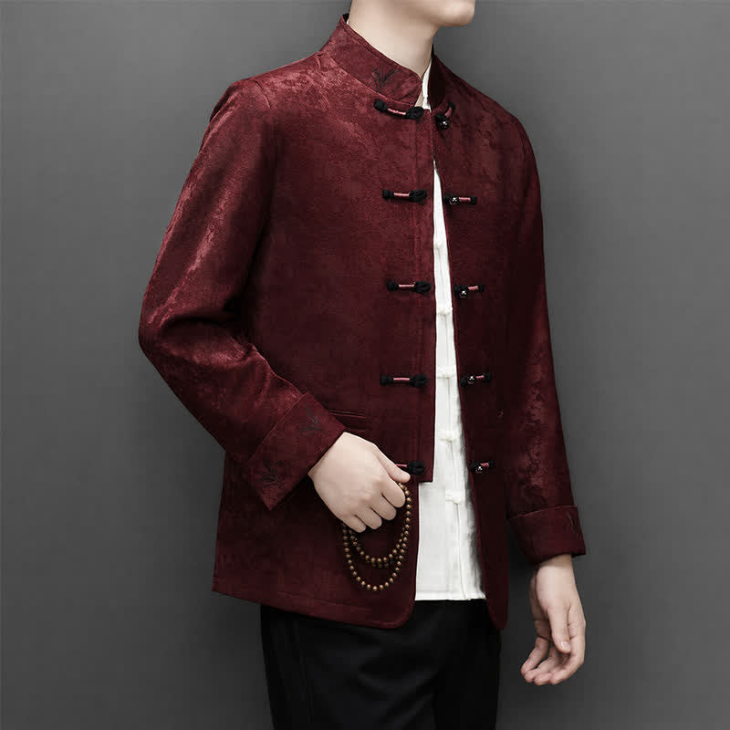 Buddha Stones 2Pcs Fall Winter Tang Style Elegant Frog Button Mandarin Collar Abstract Jacket Pants Men's Meditation Cloth With Pocket - image 3