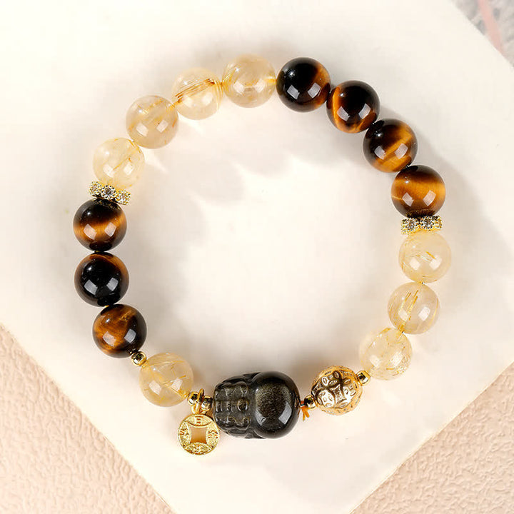 Buddha Stones Feng Shui Tiger Eye Pi Xiu Golden Rutilated Quartz Wealth Beaded Bracelet - Tiger Eye Pi Xiu Bracelet - 8mm (Wrist Circumference: 5.9-6.3 in/15–16 cm) - image 0