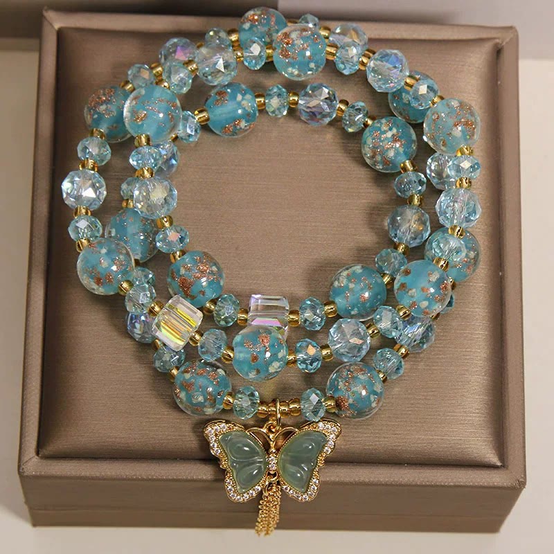 Buddha Stones Blue Liuli Glaas Bead Butterfly Transformation Triple Wrap Bracelet - image 1