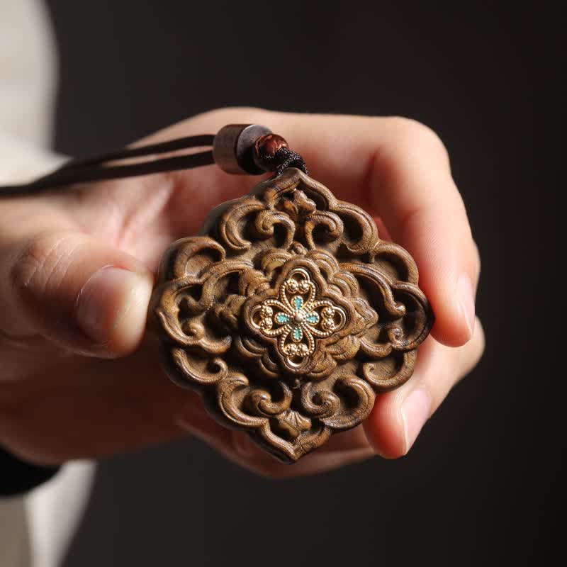 Buddha Stones Sappanwood Carved Tang Dynasty Flower Harmony Necklace - Tang Dynasty Flower Design(Harmony ♥ Prosperity) - image 0