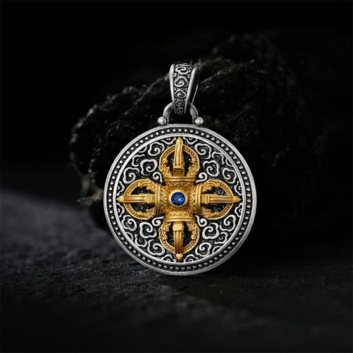 Buddha Stones Tibetan Copper Crossed Vajra Om Mani Padme Hum Wisdom Grounding Round Pendant Necklace - image 1