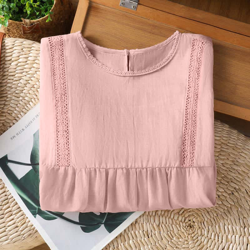 Buddha Stones Summer Casual Elegant Solid Crew Neck Lace Trim Women's Short Sleeve T-Shirts - image 2