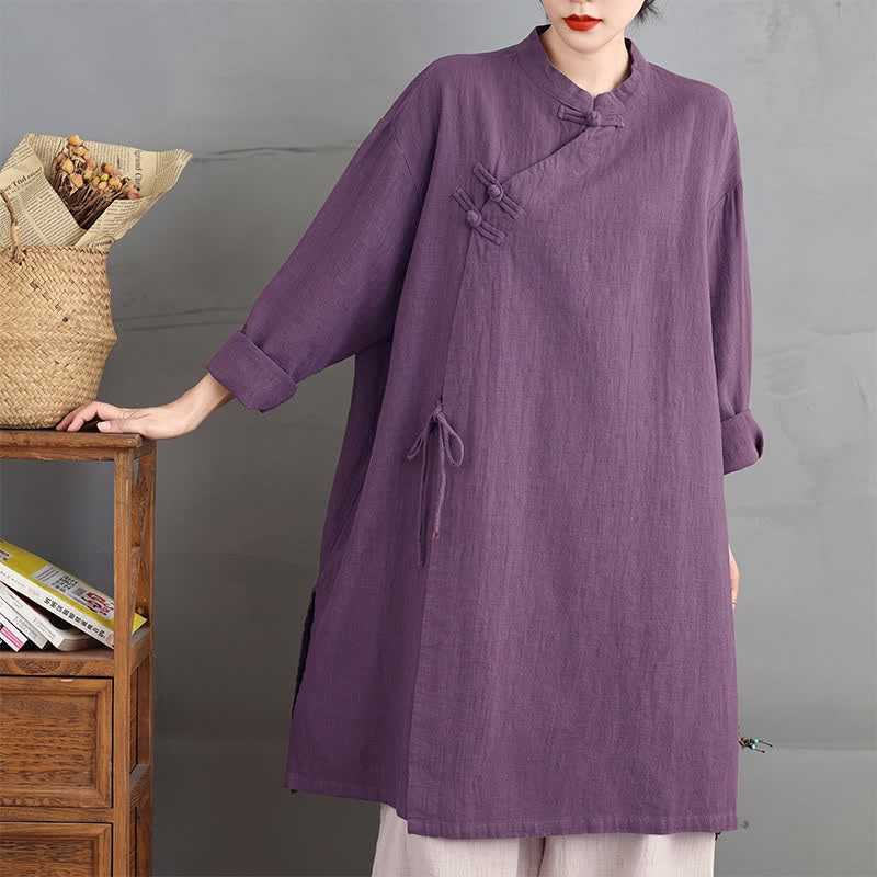 Buddha Stones Spring Fall Tang Style Vintage Mandarin Collar Frog Button Solid Women's Long Sleeve Shirts - image 2