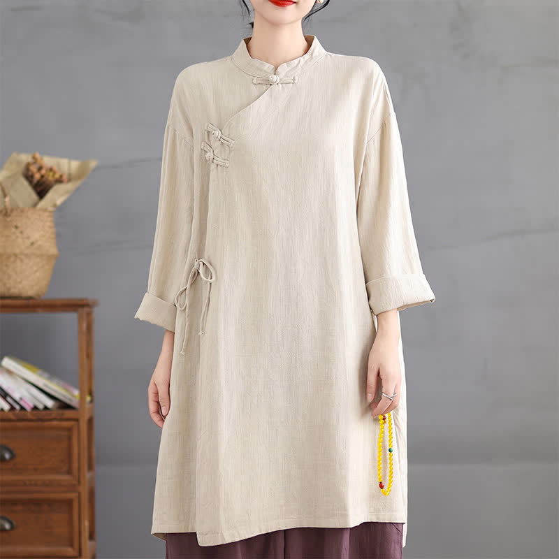 Buddha Stones Spring Fall Tang Style Vintage Mandarin Collar Frog Button Solid Women's Long Sleeve Shirts - image 10