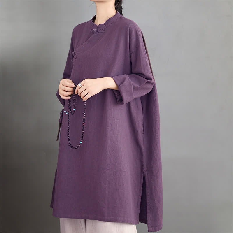 Buddha Stones Spring Fall Tang Style Vintage Mandarin Collar Frog Button Solid Women's Long Sleeve Shirts - image 4