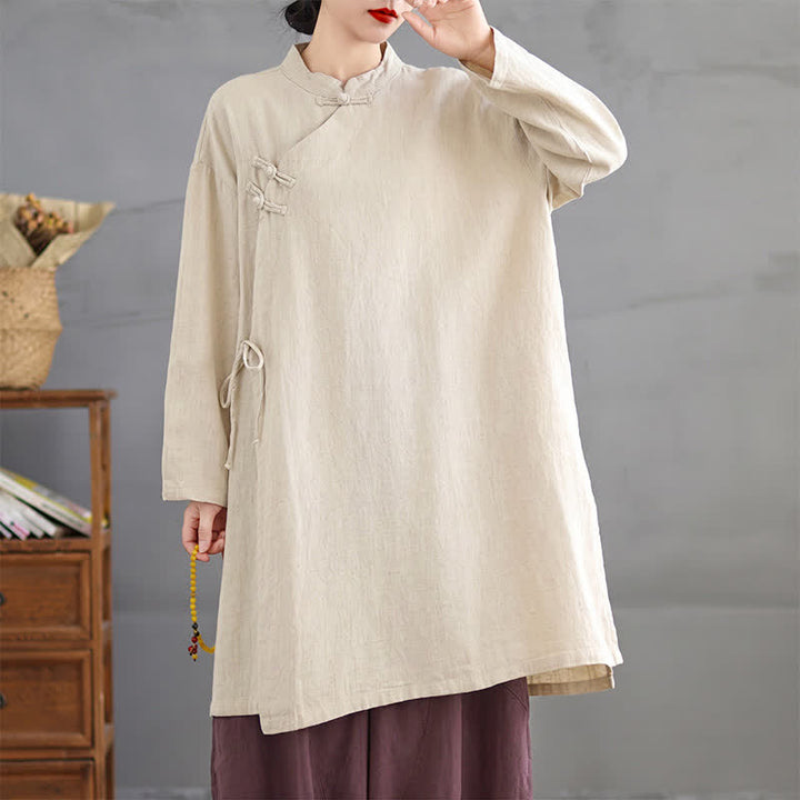 Buddha Stones Spring Fall Tang Style Vintage Mandarin Collar Frog Button Solid Women's Long Sleeve Shirts - image 11