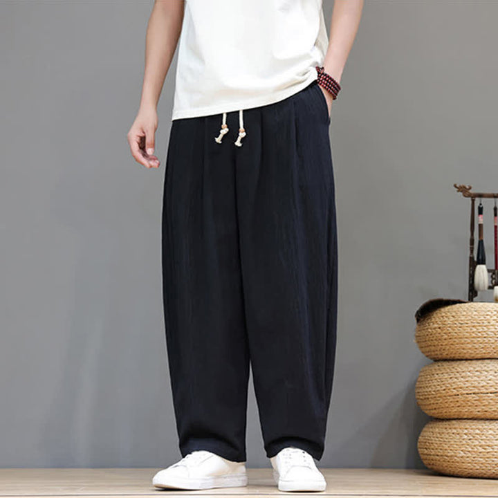 Buddha Stones Spring Summer Casual Minimalist Drawstring Solid Ankle Pants Men's Straight Leg Pants With Pocket - Black - US/UK/AU48, EU58 (6XL) - image 8