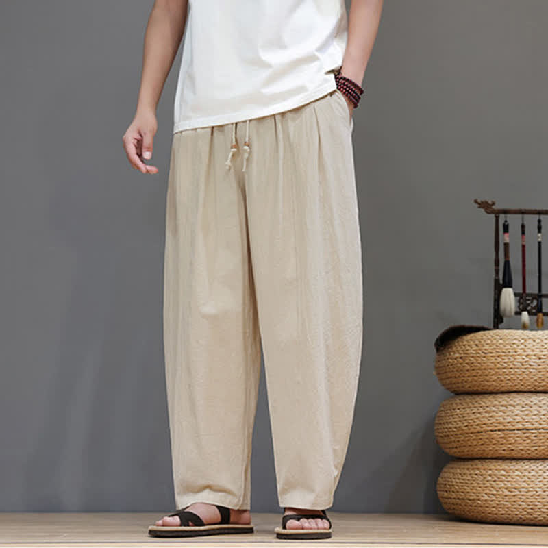 Buddha Stones Spring Summer Casual Minimalist Drawstring Solid Ankle Pants Men's Straight Leg Pants With Pocket - Beige - US/UK/AU48, EU58 (6XL) - image 15