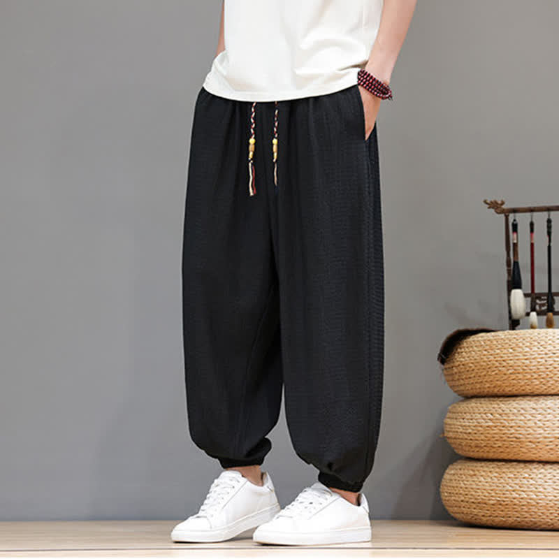 Buddha Stones Spring Fall Casual Boho Drawstring Solid Cropped Pants Men's Harem Pants With Pocket - image 17