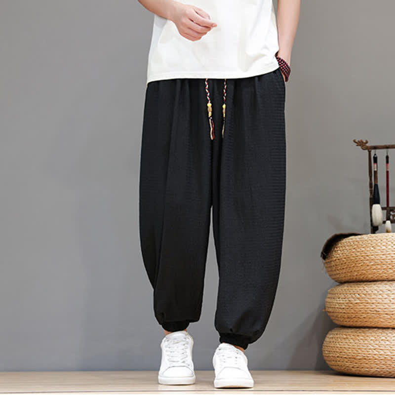 Buddha Stones Spring Fall Casual Boho Drawstring Solid Cropped Pants Men's Harem Pants With Pocket - Black - US/UK/AU46, EU56 (5XL) - image 16
