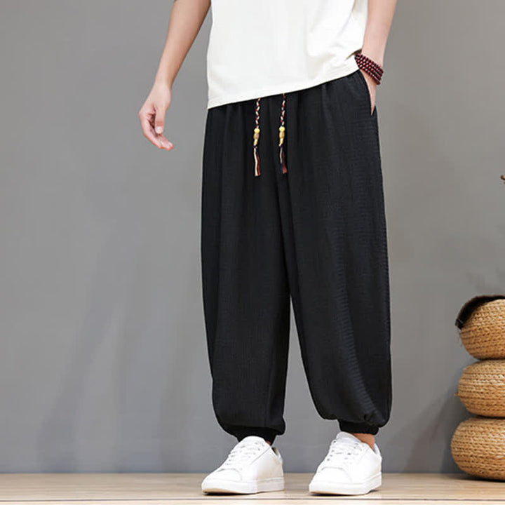 Buddha Stones Spring Fall Casual Boho Drawstring Solid Cropped Pants Men's Harem Pants With Pocket - image 18
