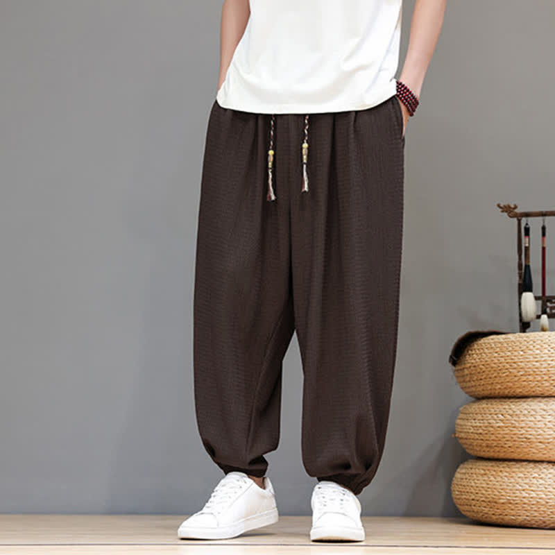 Buddha Stones Spring Fall Casual Boho Drawstring Solid Cropped Pants Men's Harem Pants With Pocket - image 1