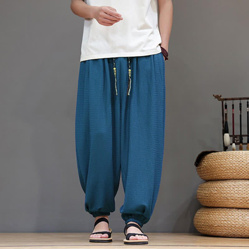 Buddha Stones Spring Fall Casual Boho Drawstring Solid Cropped Pants Men's Harem Pants With Pocket - SteelBlue - US/UK/AU46, EU56 (5XL) - image 8