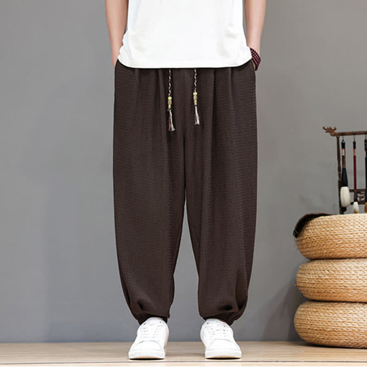 Buddha Stones Spring Fall Casual Boho Drawstring Solid Cropped Pants Men's Harem Pants With Pocket - image 3