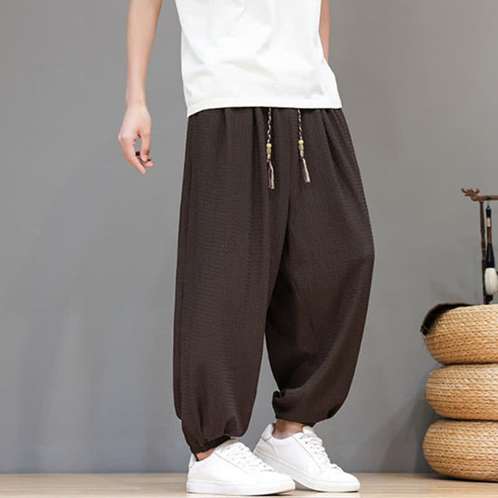 Buddha Stones Spring Fall Casual Boho Drawstring Solid Cropped Pants Men's Harem Pants With Pocket - image 5
