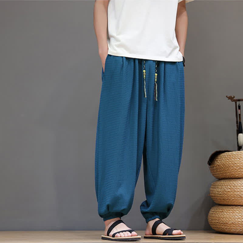 Buddha Stones Spring Fall Casual Boho Drawstring Solid Cropped Pants Men's Harem Pants With Pocket - image 12
