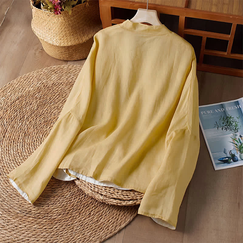 Buddha Stones Spring Fall Tang Style Casual Crew Neck Solid Reversible Design Women's Long Sleeve Shirts With Pocket - image 2
