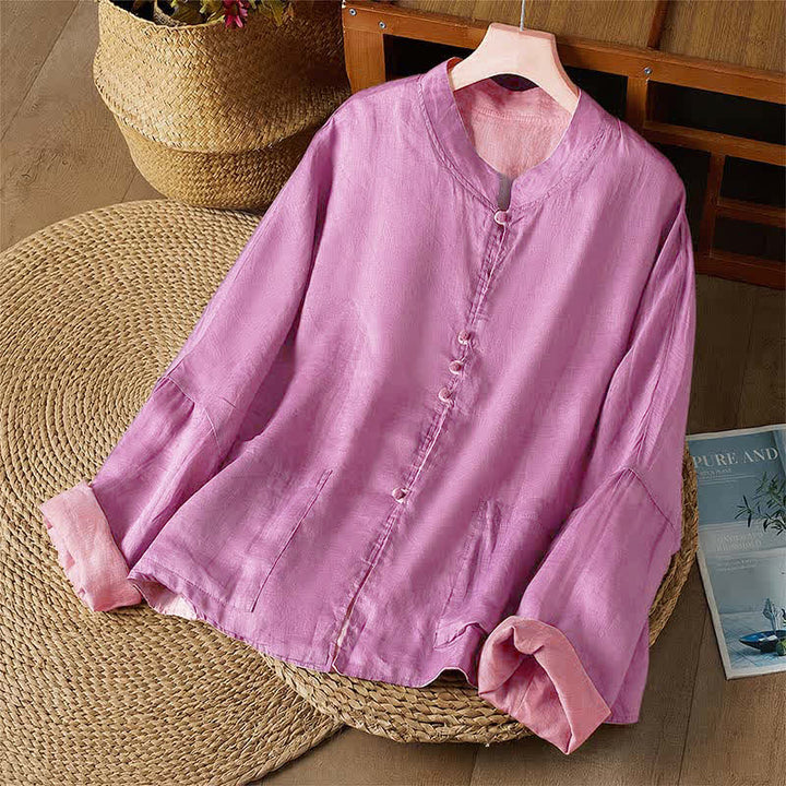 Buddha Stones Spring Fall Tang Style Casual Crew Neck Solid Reversible Design Women's Long Sleeve Shirts With Pocket - image 13