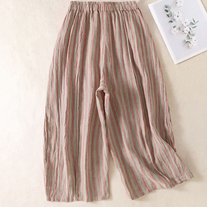 Buddha Stones Spring Summer Casual Boho Drawstring Striped Cropped Pants Women's Harem Pants With Pocket - image 7