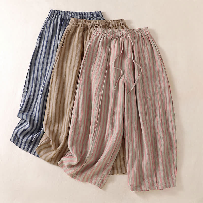 Buddha Stones Spring Summer Casual Boho Drawstring Striped Cropped Pants Women's Harem Pants With Pocket - image 24