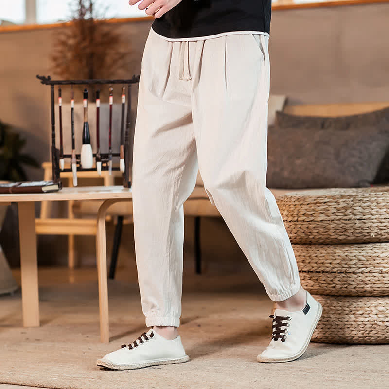 Buddha Stones Spring Summer Casual Minimalist Drawstring Solid Cropped Pants Men's Tapered Pants With Pocket - AntiqueWhite - US/UK/AU46, EU56 (5XL) - image 29