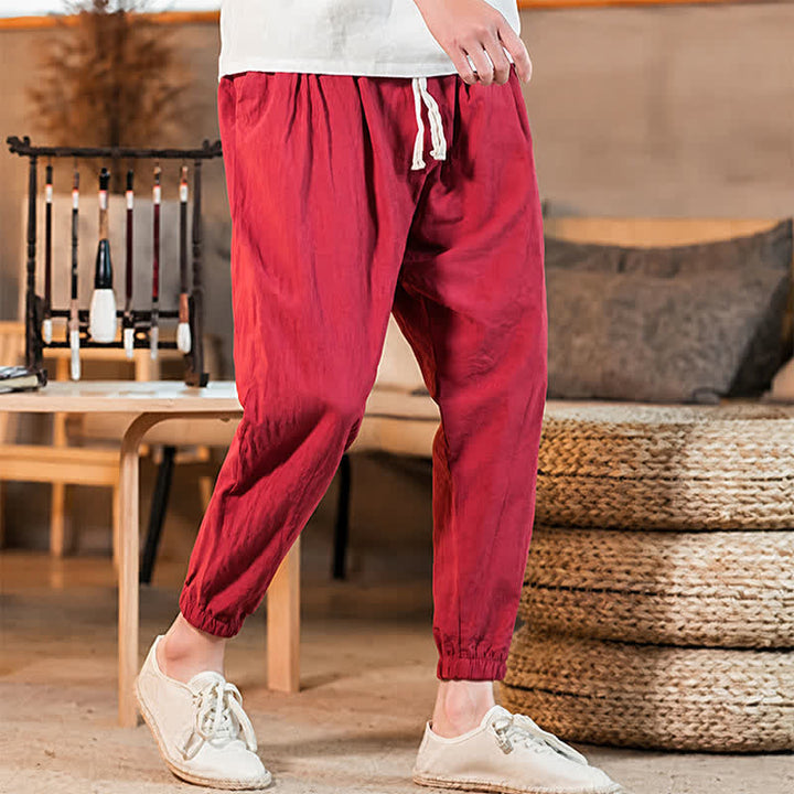 Buddha Stones Spring Summer Casual Minimalist Drawstring Solid Cropped Pants Men's Tapered Pants With Pocket - image 44