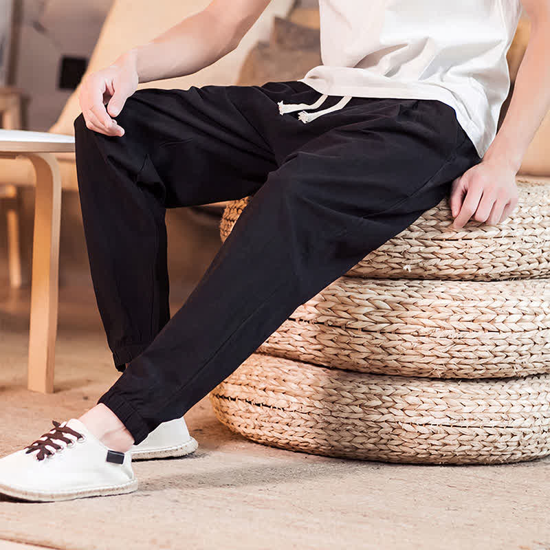 Buddha Stones Spring Summer Casual Minimalist Drawstring Solid Cropped Pants Men's Tapered Pants With Pocket - image 28