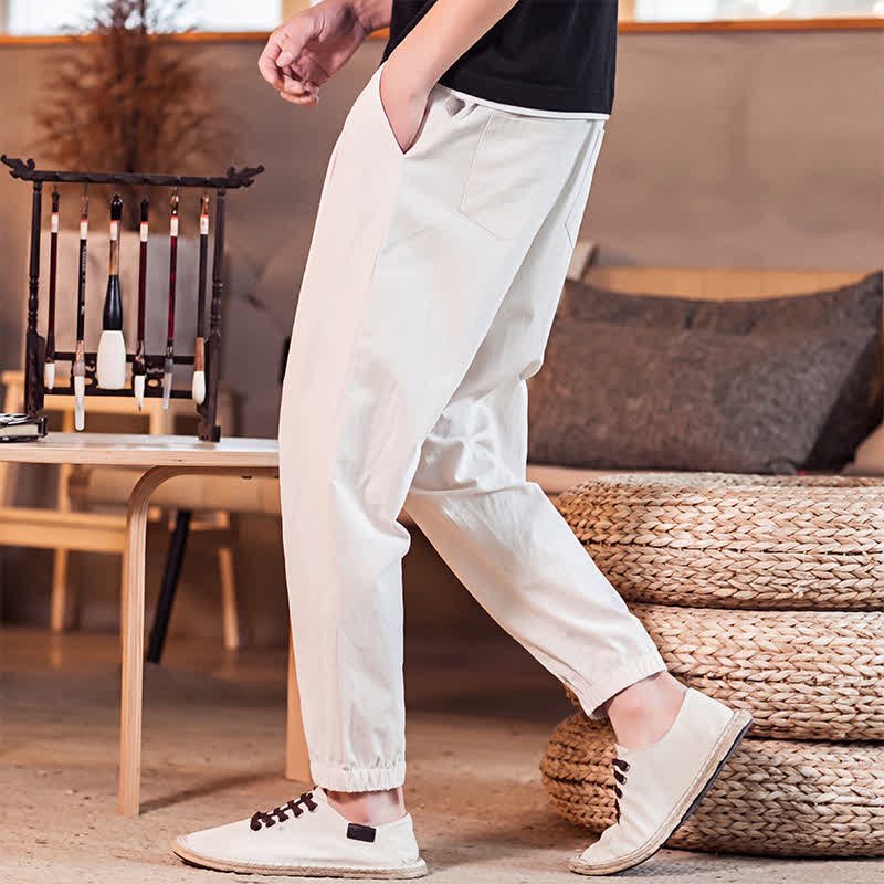 Buddha Stones Spring Summer Casual Minimalist Drawstring Solid Cropped Pants Men's Tapered Pants With Pocket - image 34