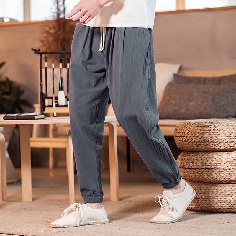 Buddha Stones Spring Summer Casual Minimalist Drawstring Solid Cropped Pants Men's Tapered Pants With Pocket - Gray - US/UK/AU46, EU56 (5XL) - image 8