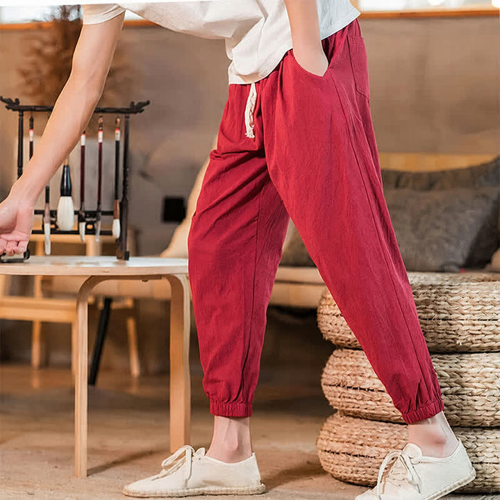 Buddha Stones Spring Summer Casual Minimalist Drawstring Solid Cropped Pants Men's Tapered Pants With Pocket - image 45