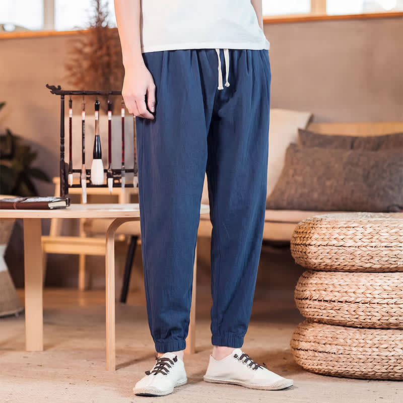 Buddha Stones Spring Summer Casual Minimalist Drawstring Solid Cropped Pants Men's Tapered Pants With Pocket - image 1